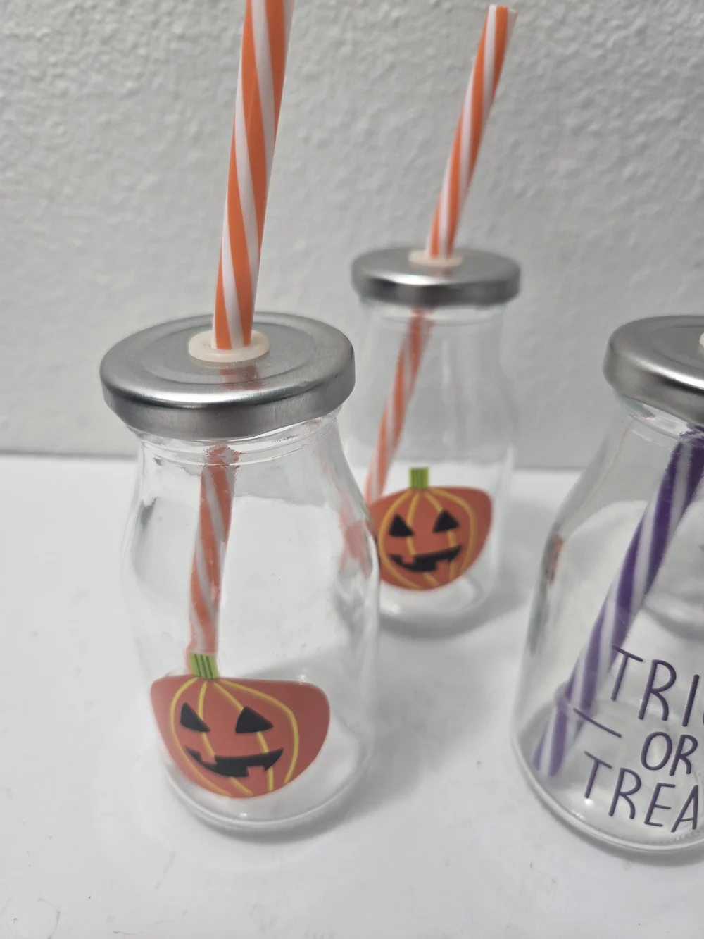 Halloween Trick or Treat Glass Milk Bottles with Orange & Purple Straws